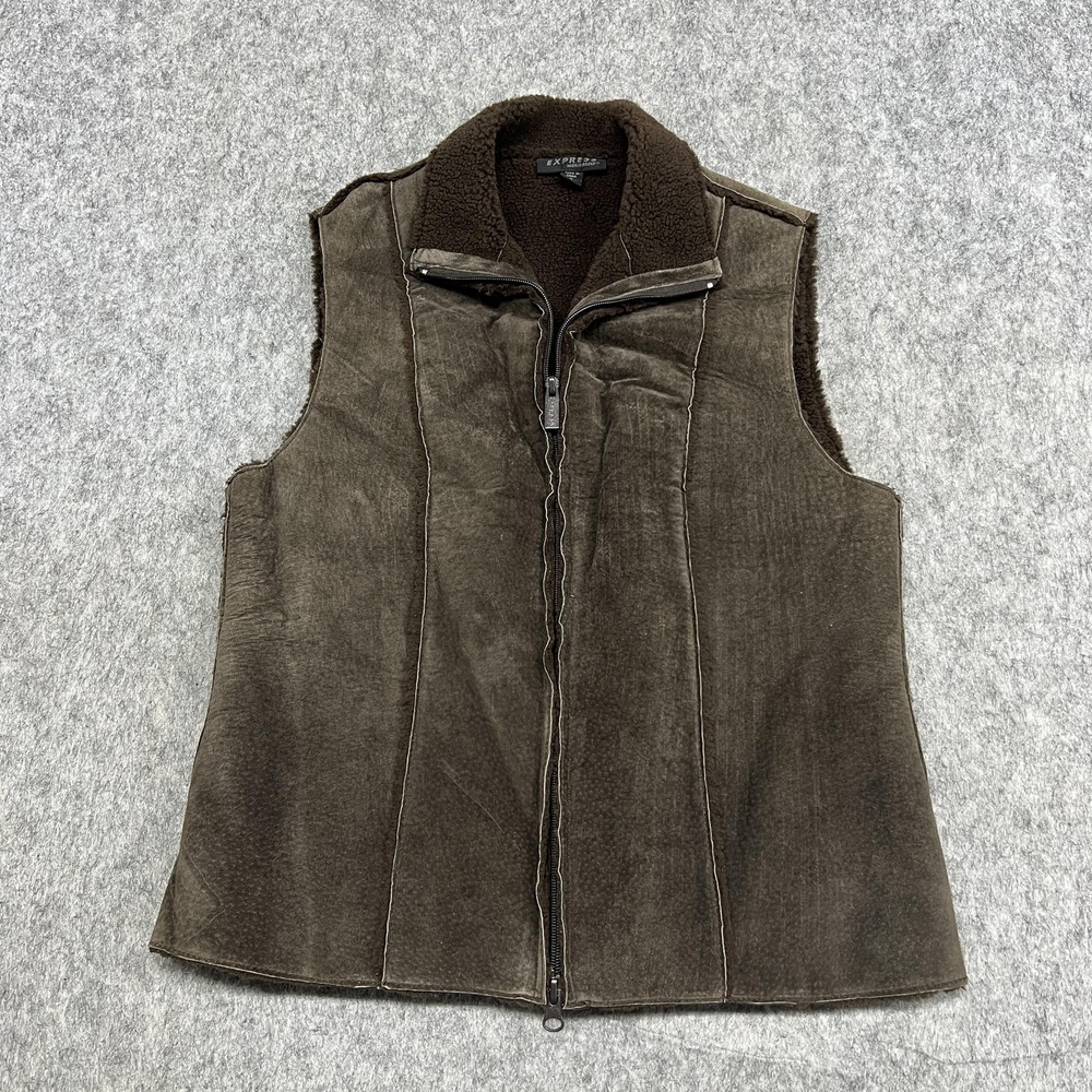 Express World Brand‎ Leather Vest Womens Brown Sherpa Lined Quilted Bodywarmer